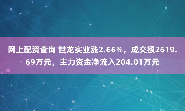 网上配资查询 世龙实业涨2.66%，成交额2619.69万元，主力资金净流入204.01万元